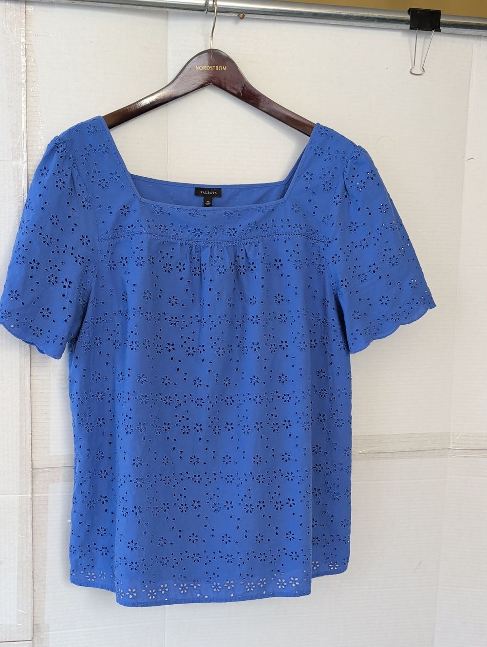 Talbots Cobalt Blue Eyelet Square Neck Short Sleeve Blouse Top SZ XL 100%cotton